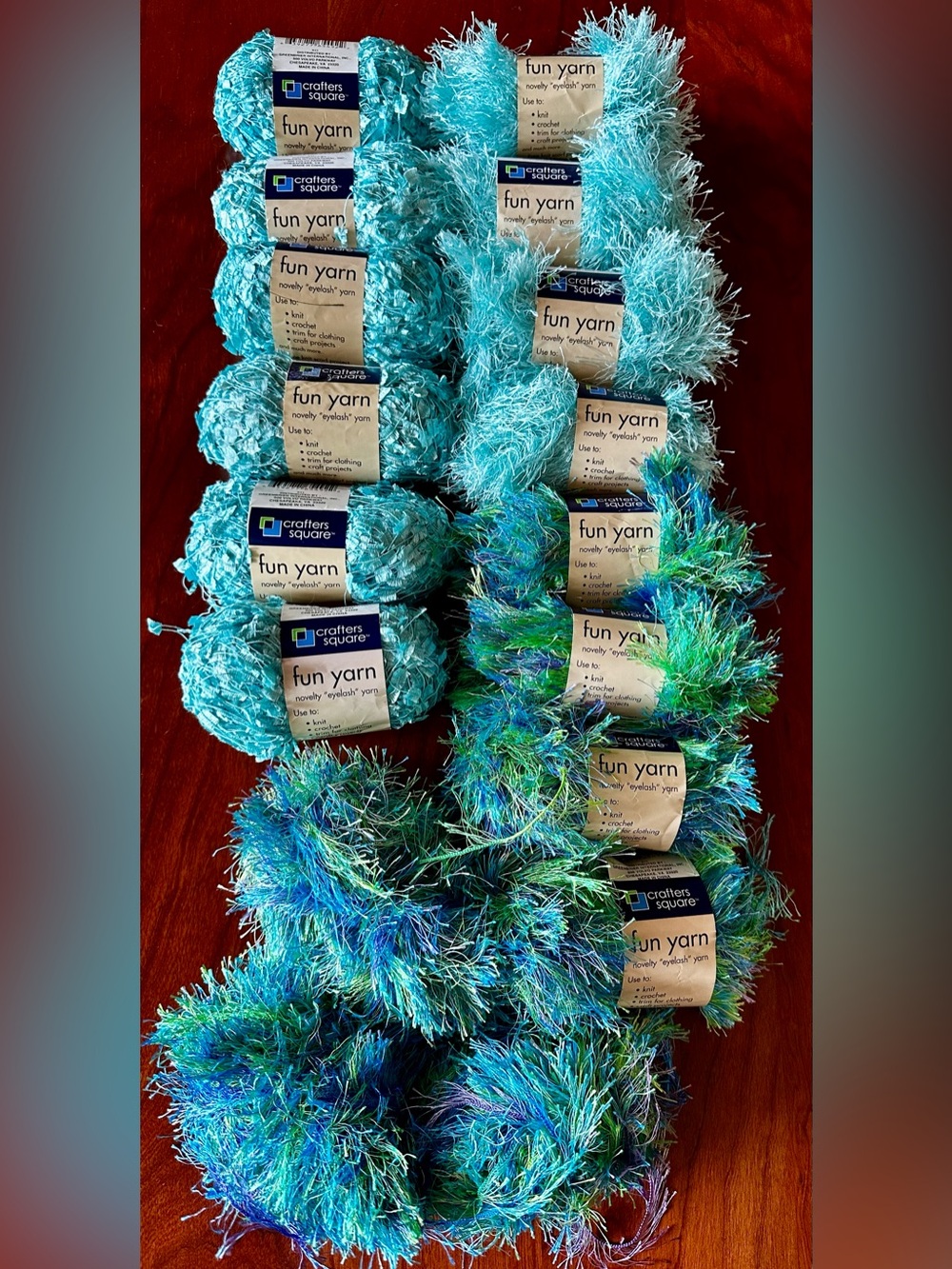 Crafters Square Lrg Lot Eyelash yarn. Variety turquoise/blueish. 14 New + skeins